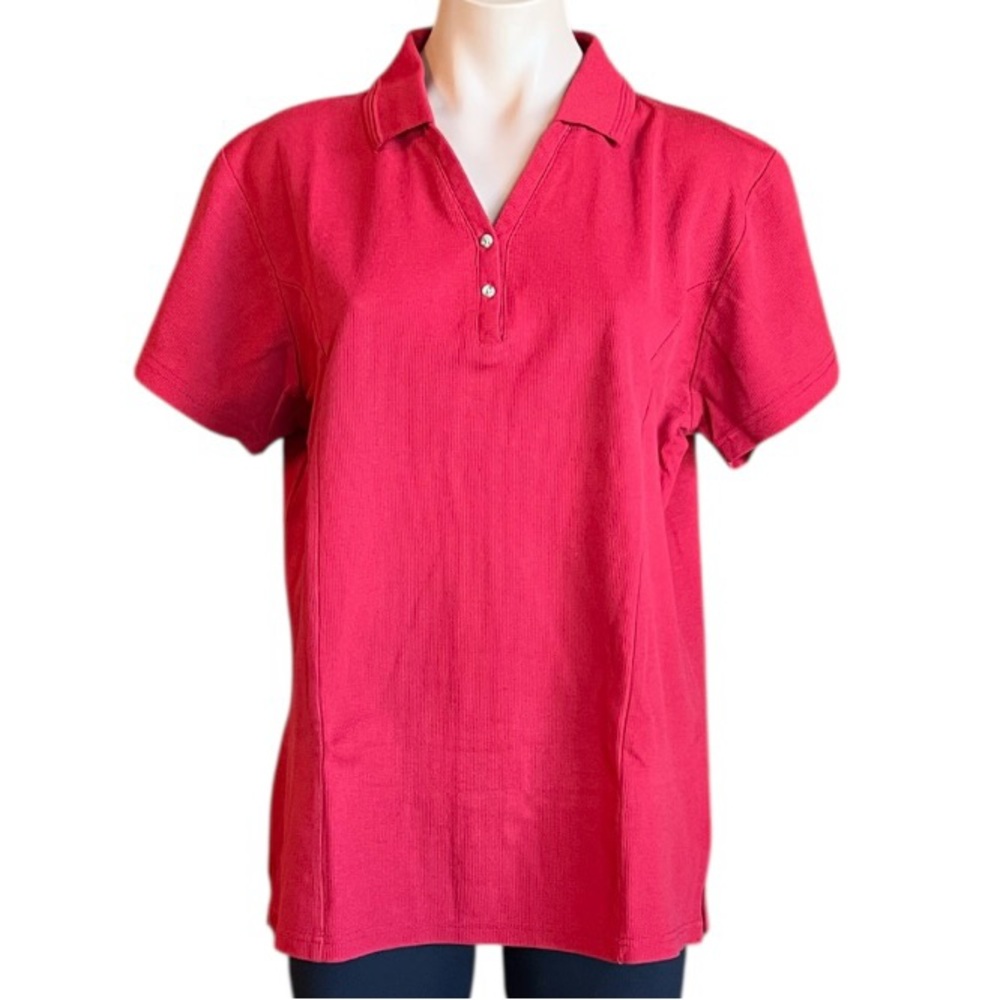 Chic Red Button Down Short Sleeve Henley Polo Shirt for Women